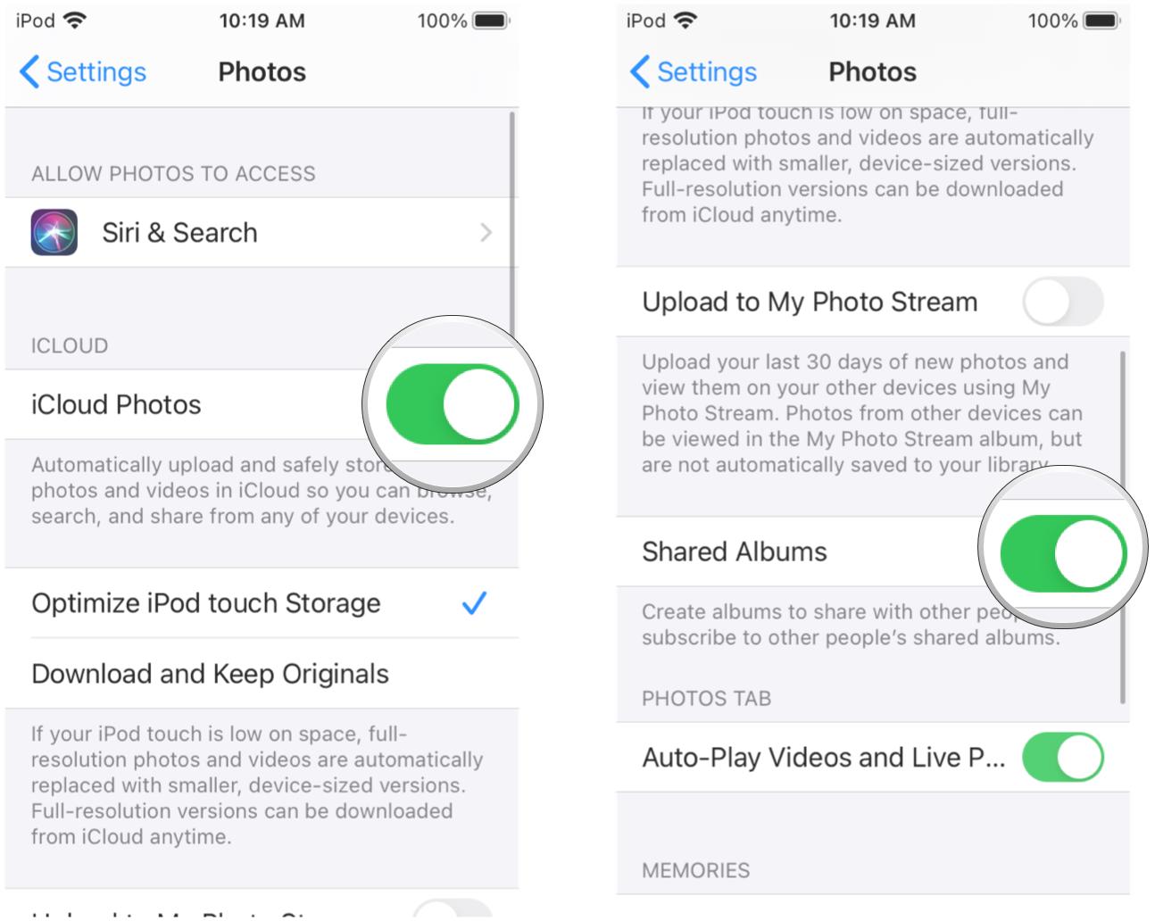 Aktivieren Sie die iCloud-Fotofreigabe auf Ihrem iPhone oder iPad, indem Sie die folgenden Schritte anzeigen: Schalten Sie die iCloud-Fotobibliothek auf EIN sowie geteilte Alben auf EIN