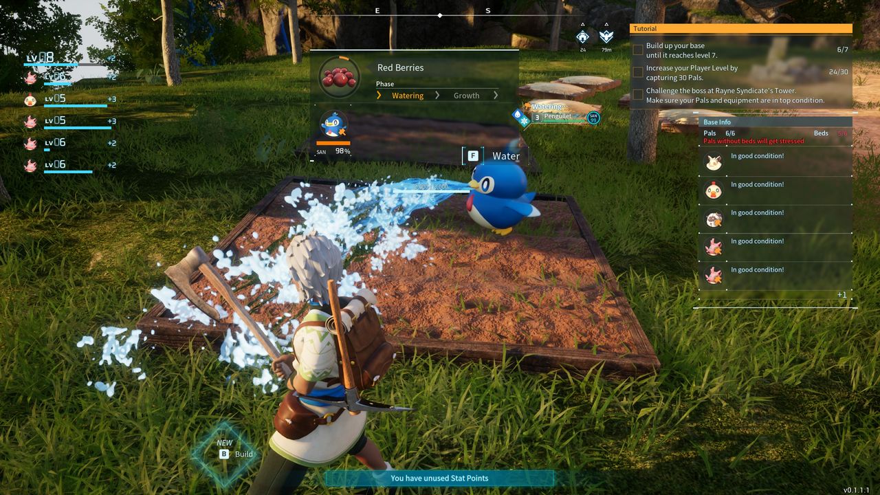 Palworld Pal fluids - Pengullet watering a Berry Plantation