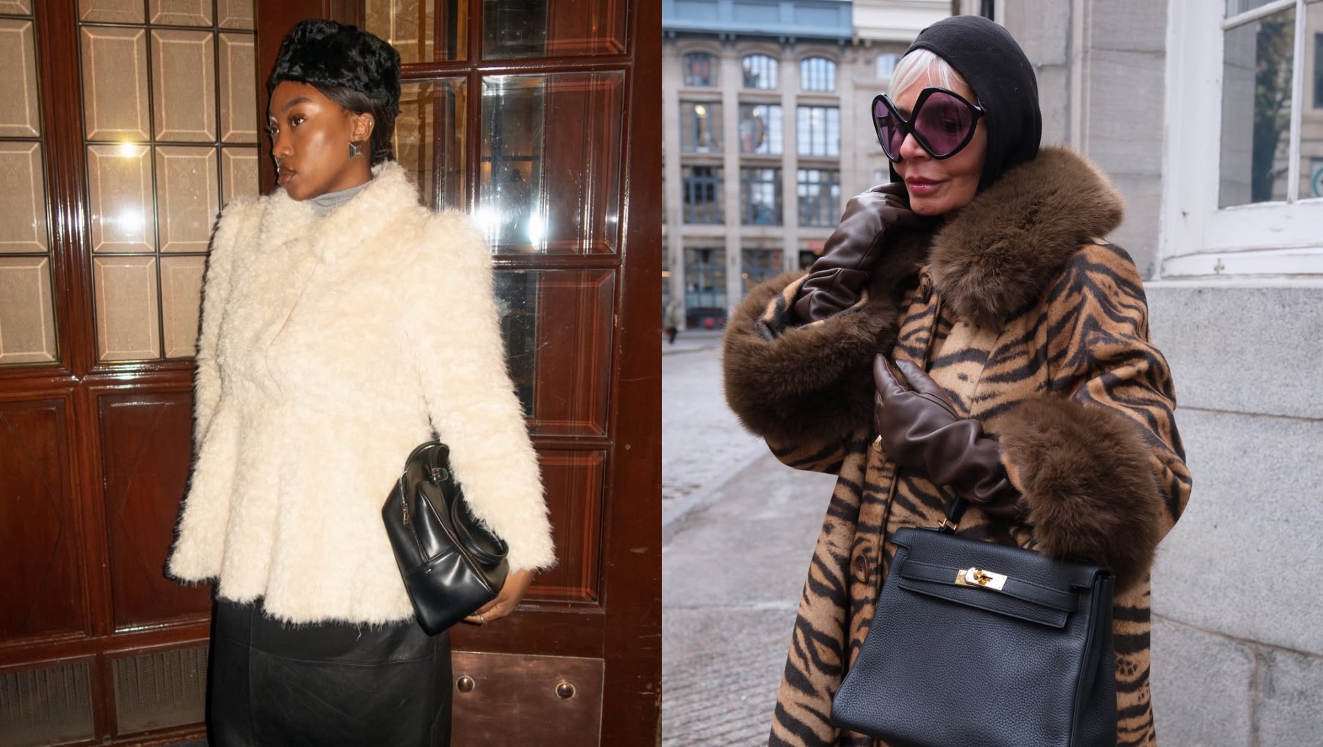 Nnenna Echem wearing a faux fur hat; Grece Ghanem wearing leather gloves