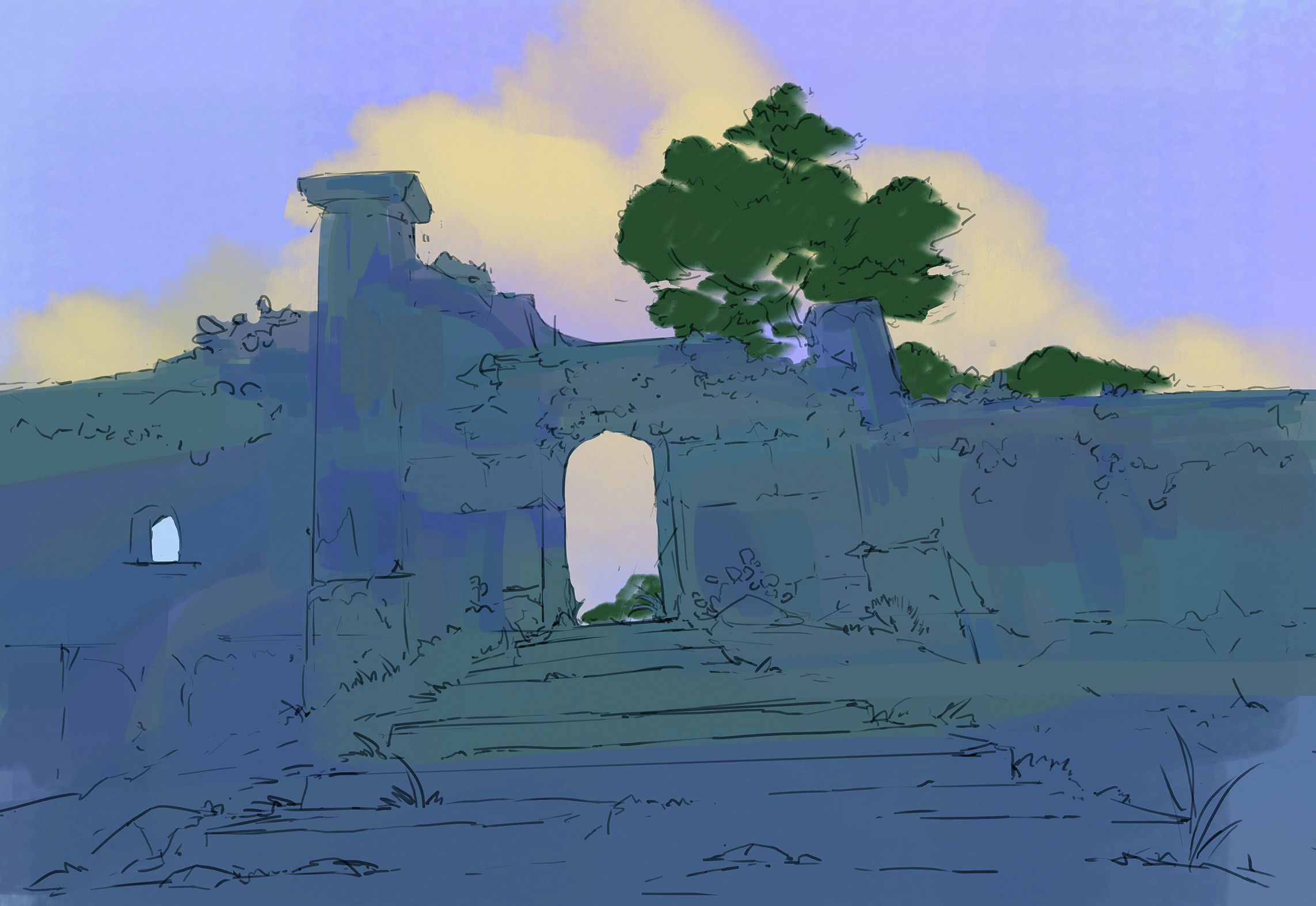 Digital art in progress from a matte painting tutorial