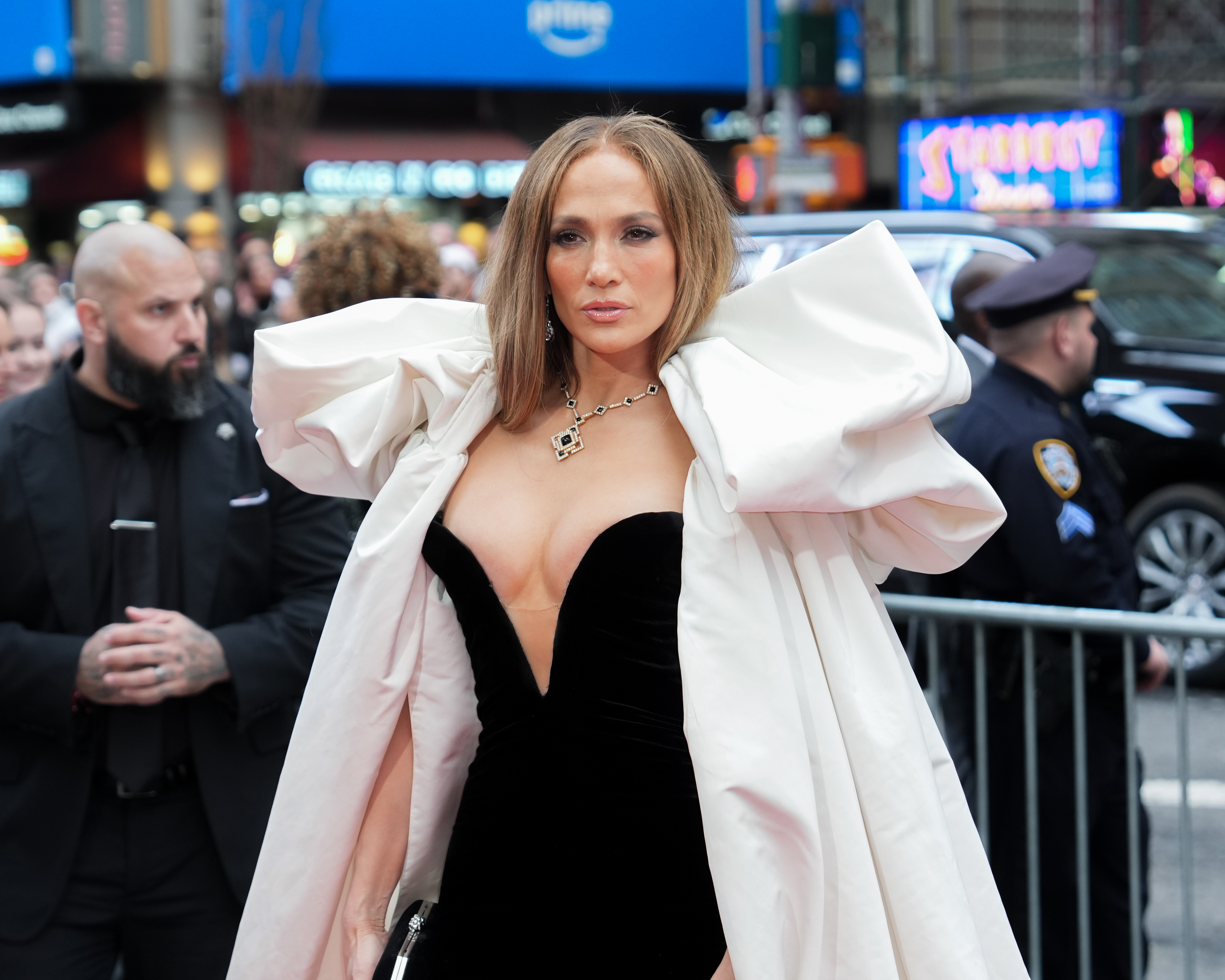 Jennifer Lopez wore a velvet dress at a Broadway performance in April 2025