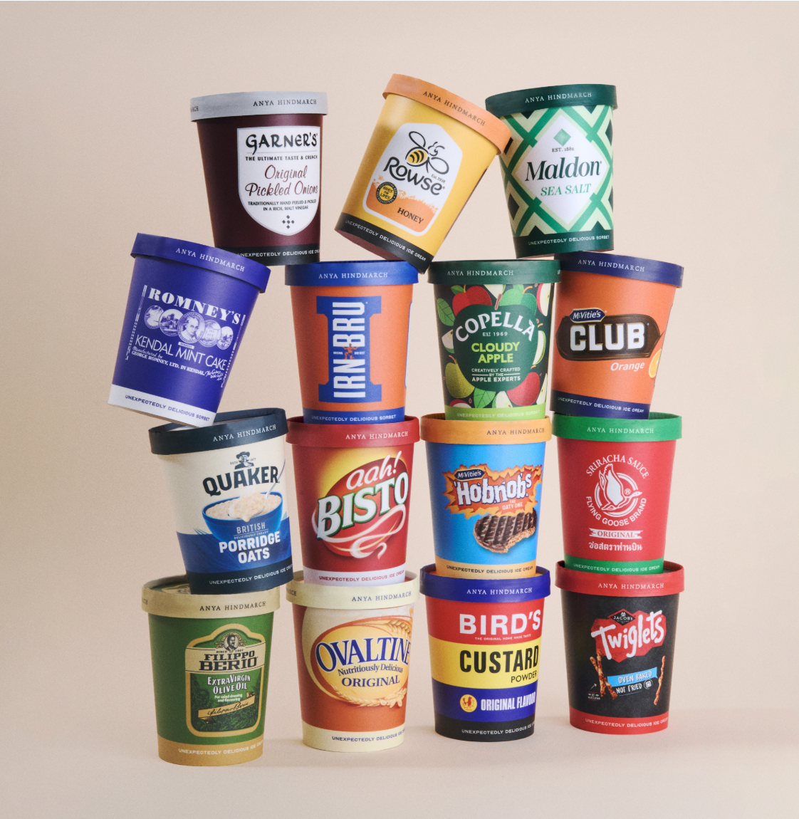 an image of the Anya Hindmarsh Ice Cream Project 2025 flavours: Bird&amp;rsquo;s Eye Custard, Bisto Gravy, Copella Cloudy Apple Juice, Filippo Berrio Extra Virgin Olive Oil, Flying Goose Sriracha, Garnier&amp;rsquo;s Pickled Onions, Irn-Bru, Maldon Sea Salt, McVitie&amp;rsquo;s Club Orange, McVitie&amp;rsquo;s Milk Chocolate Hobnobs, Ovaltine, Quaker Oats, Romney&amp;rsquo;s Kendal Mint Cake, Rowse Honey, and Jacob&amp;rsquo;s Twiglets