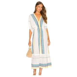 Long white beach dress with wide short sleeves and blue detailing