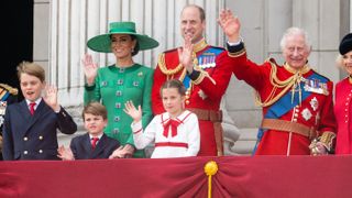Prince George of Wales, Prince Louis of Wales, Catherine, Princess of Wales, Princess Charlotte of Wales, Prince William of Wales, King Charles III and Queen Camilla on the balcony