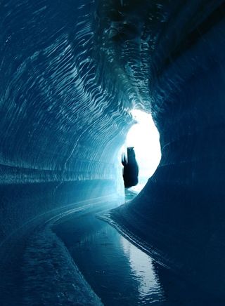 Ice cave or englacial melt channel. This ice cave was formed by meltwater flowing within the glacier ice. Belcher Glacier, Devon Island, Nunavut, Canada.