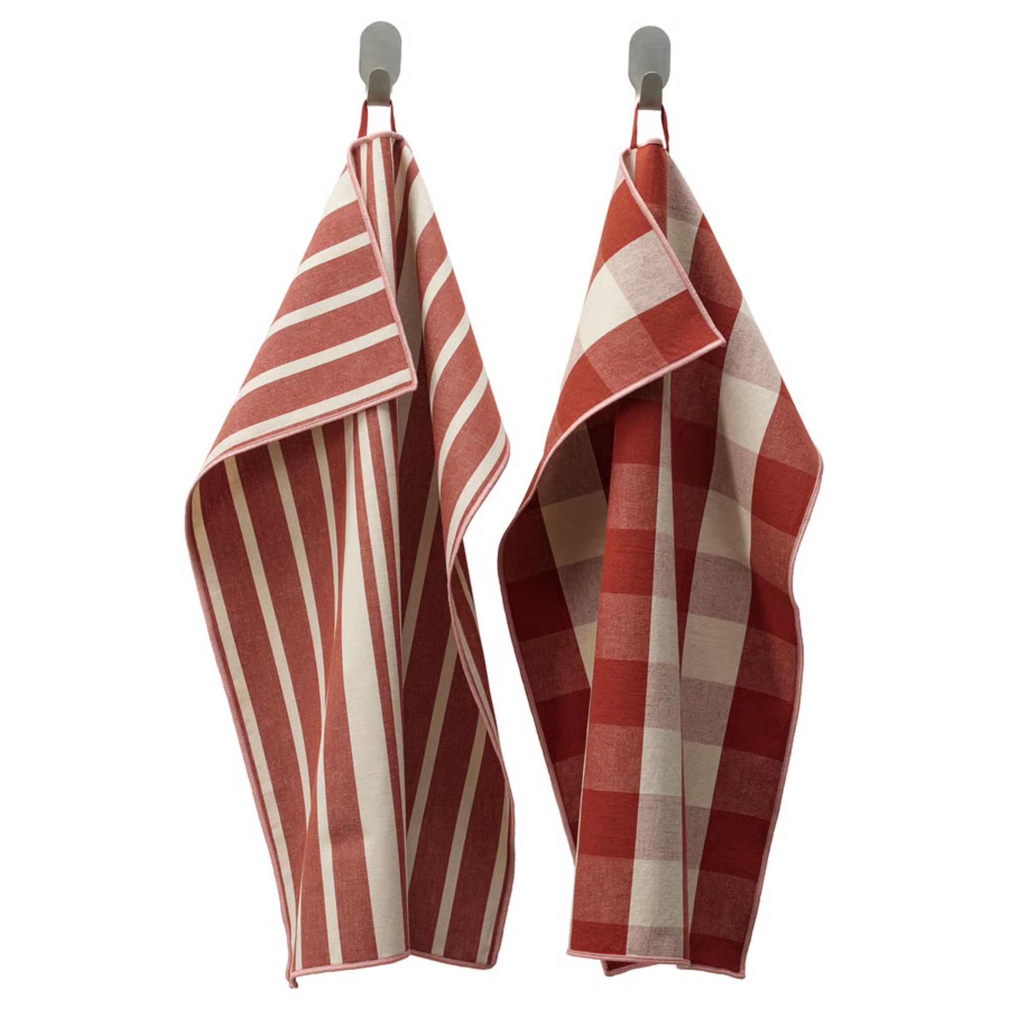 Red and white dish towels, one in stripe print and one in gingham print