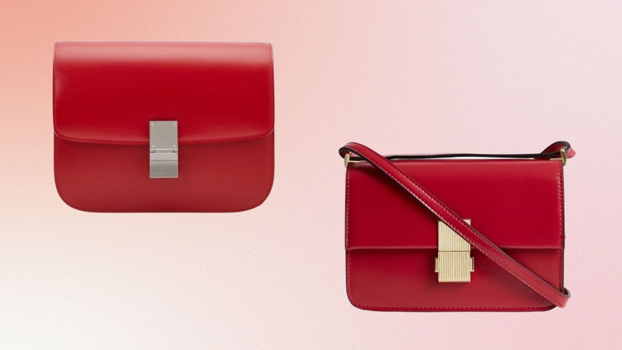 M&amp;S Celine-inspired handbag - The red Celine Classic Box crossbody bag, alongside the M&amp;S Faux Leather Cross Body Bag in red/ pictured on a orange and pink gradient template