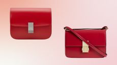 M&S Celine-inspired handbag - The red Celine Classic Box crossbody bag, alongside the M&S Faux Leather Cross Body Bag in red/ pictured on a orange and pink gradient template