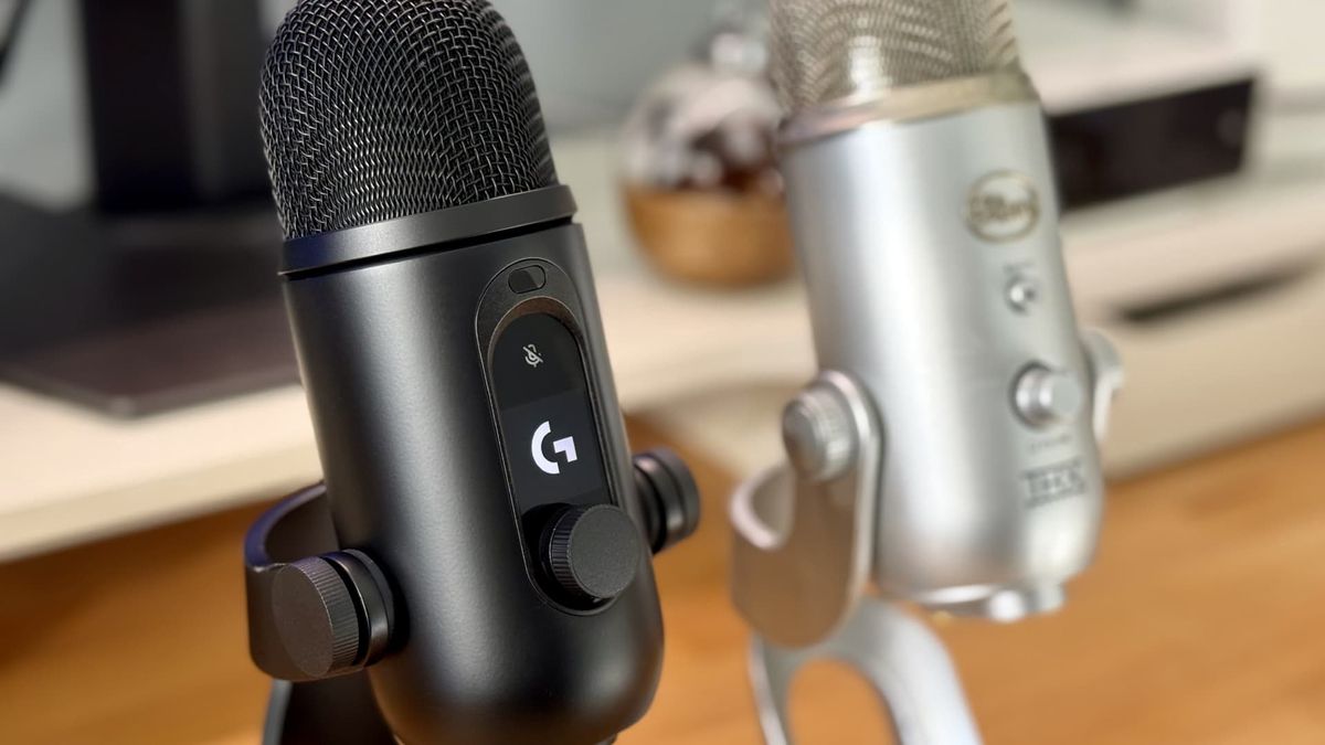 The Logitech Yeti 2 microphone on a desk.