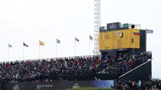 A general view of the grandstand around the 18th at Royal Portrush with the iconic yellow scoreboard