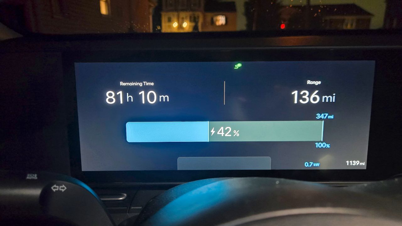 Hyundai Kona Electric Level 1 charging at home.