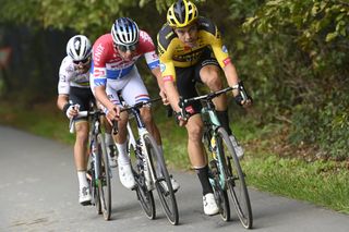 Wout van Aert, Mathieu van der Poel and Julian Alaphilippe at the Tour of Flanders in 2020
