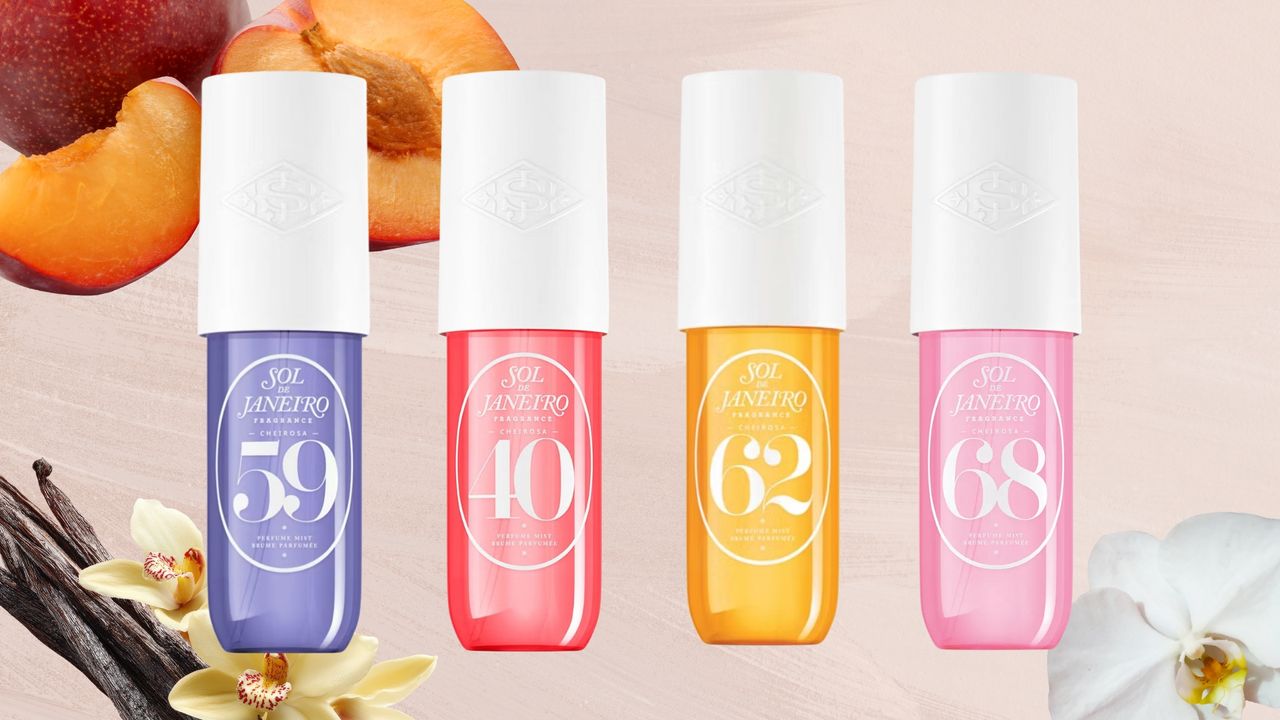 Collage of Sol de Janeiro scents (L-R) Cheirosa 59, Cheirosa 40, Cheirosa 62 and Cheirosa 68, on a pink background with peach, orchid and vanilla pod cut-outs