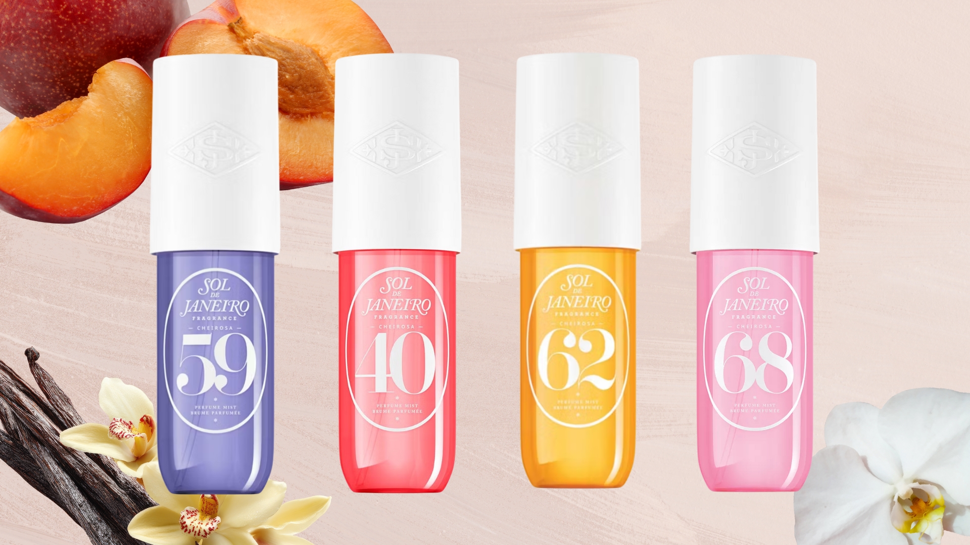Collage of Sol de Janeiro scents (L-R) Cheirosa 59, Cheirosa 40, Cheirosa 62 and Cheirosa 68, on a pink background with peach, orchid and vanilla pod cut-outs