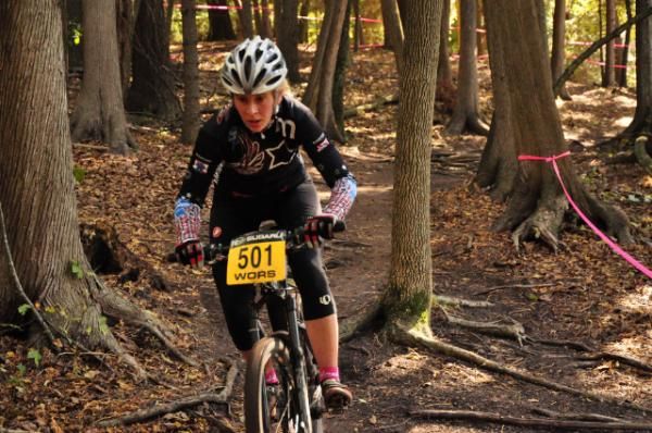 Abigail Strigel (Mafia Racing / Pabst / Felt) rides the roots at WORS Wigwam MTB Challenge in Sheboygan. Strigel finished second at Sheboygan and first in the 2009 WORS Series Overall.