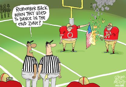 Political cartoon U.S. NFL kneeling protest flag burning