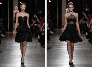 2 models on runway wearing short black dresses with sequins and lace