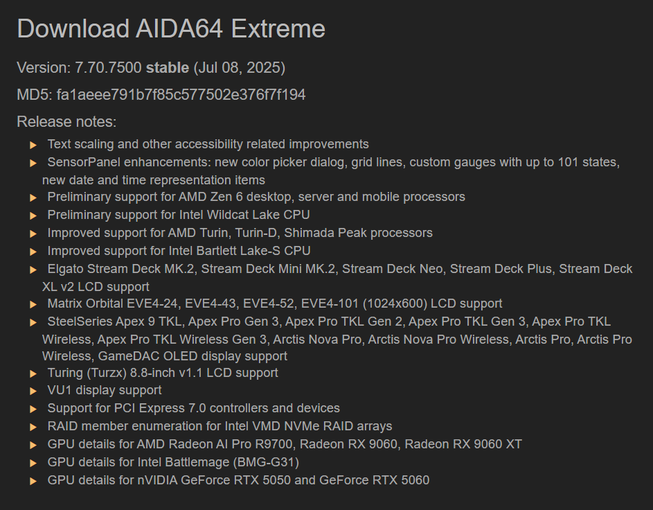 AIDA64 Extreme Version 7.70.7500 release notes