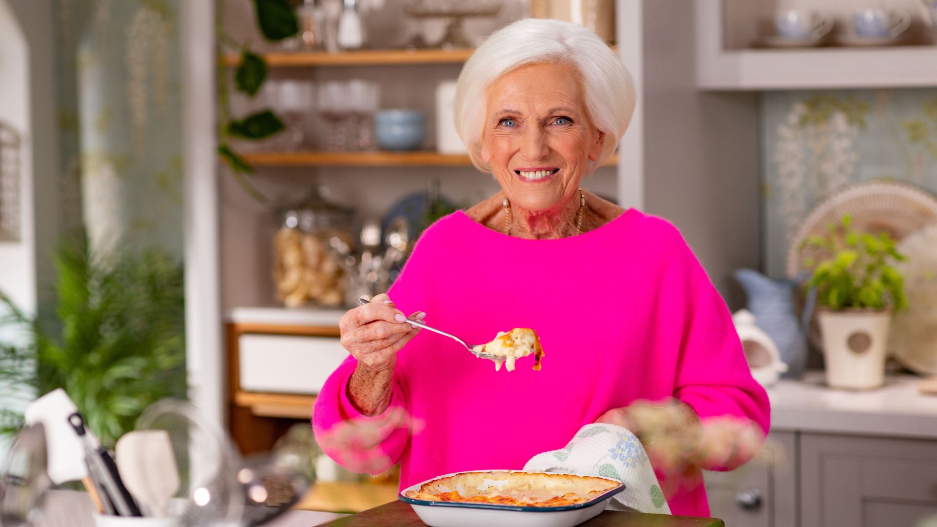 Mary Berry wearing pink jumper on her show Mary at 90 A Lifetime of Cooking