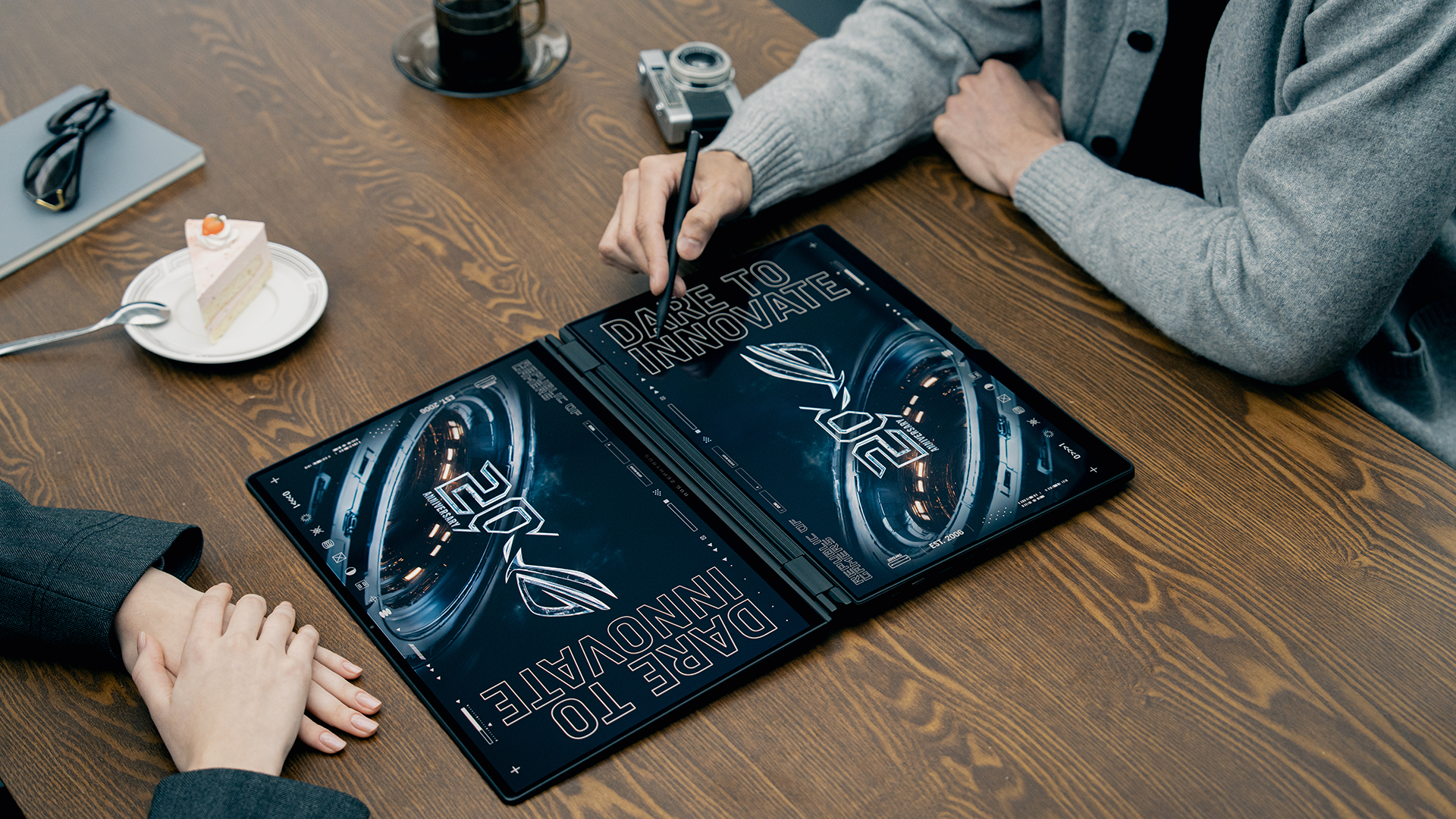 Asus Zephyrus ROG G16 with dual screens.