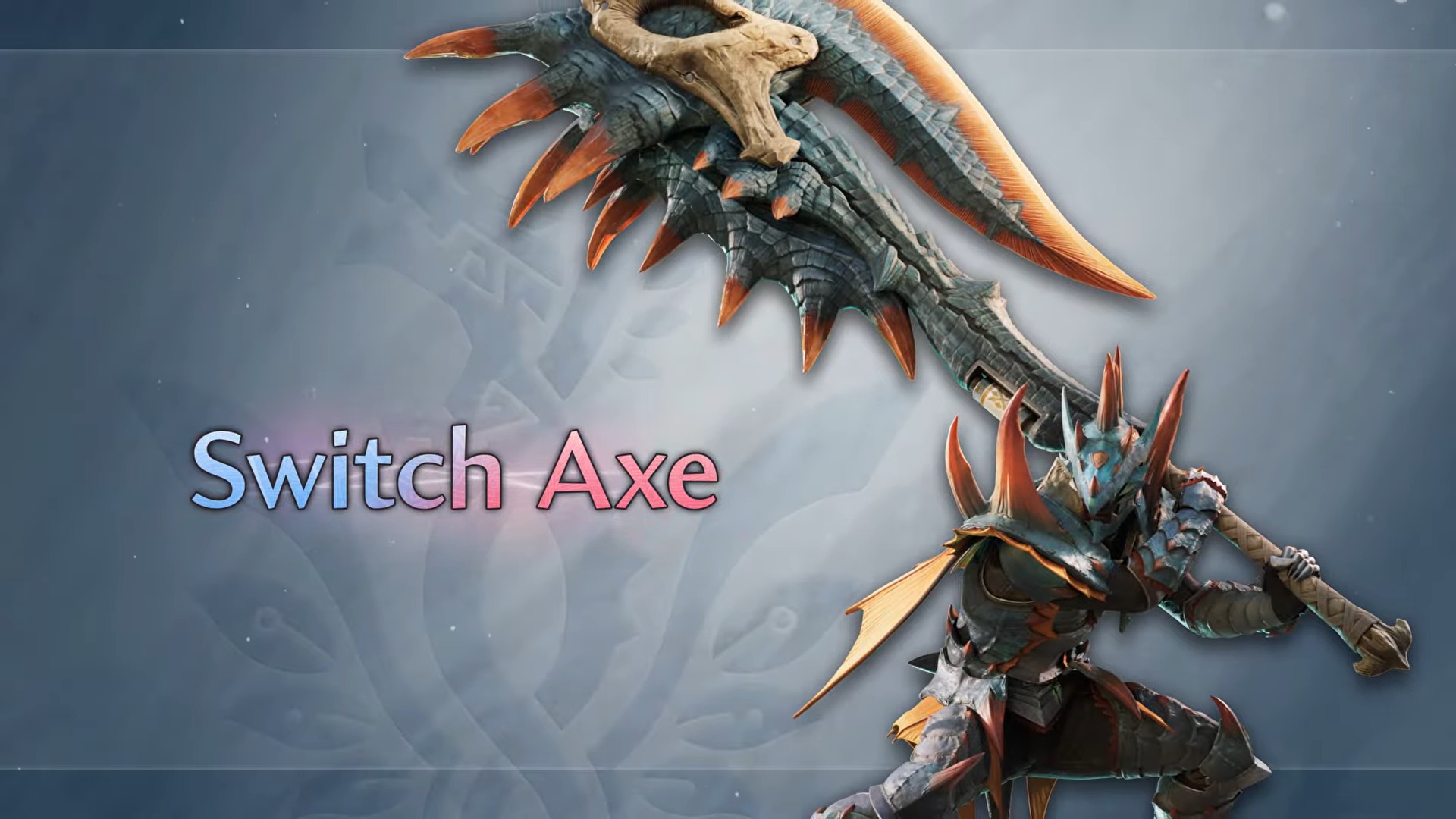 A warrior in blue and orange monster-themed armor holds a massive, jagged Switch Axe weapon against a blue background with the text 'Switch Axe'.