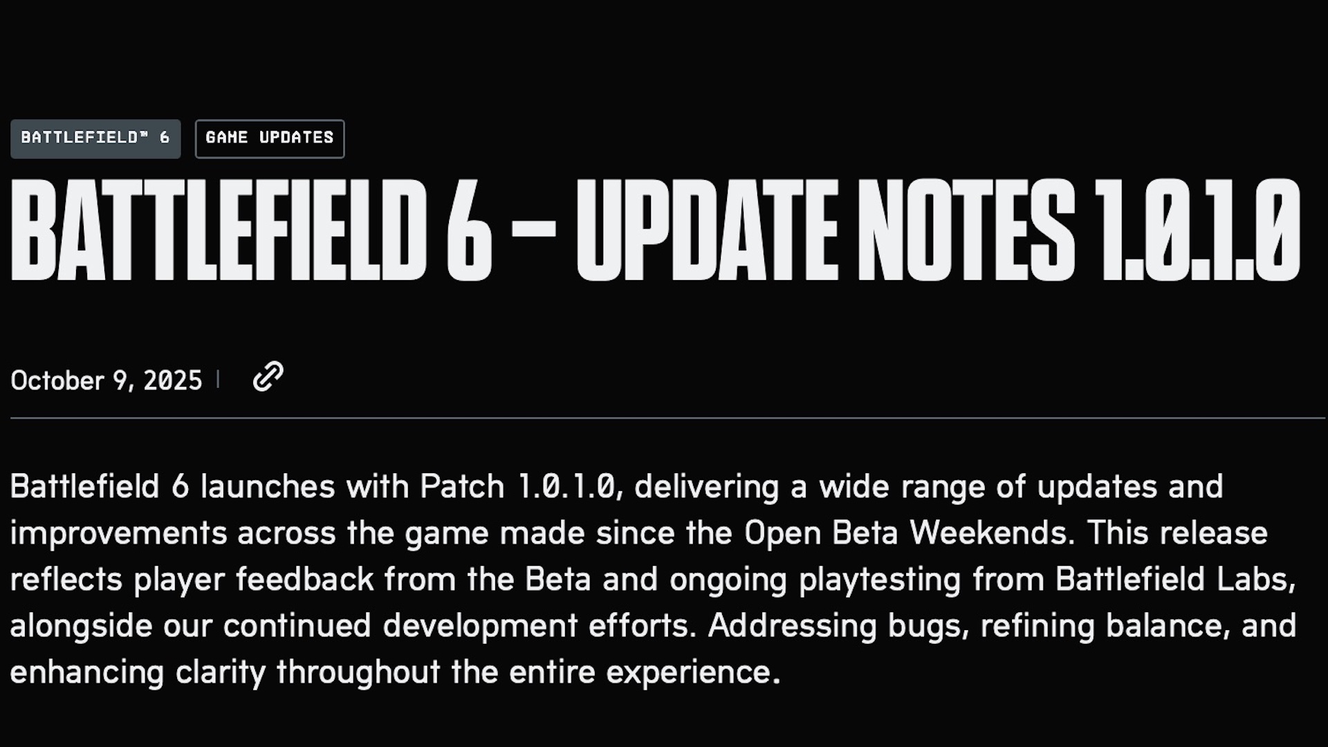 The Battlefield 6 October 9 patch notes