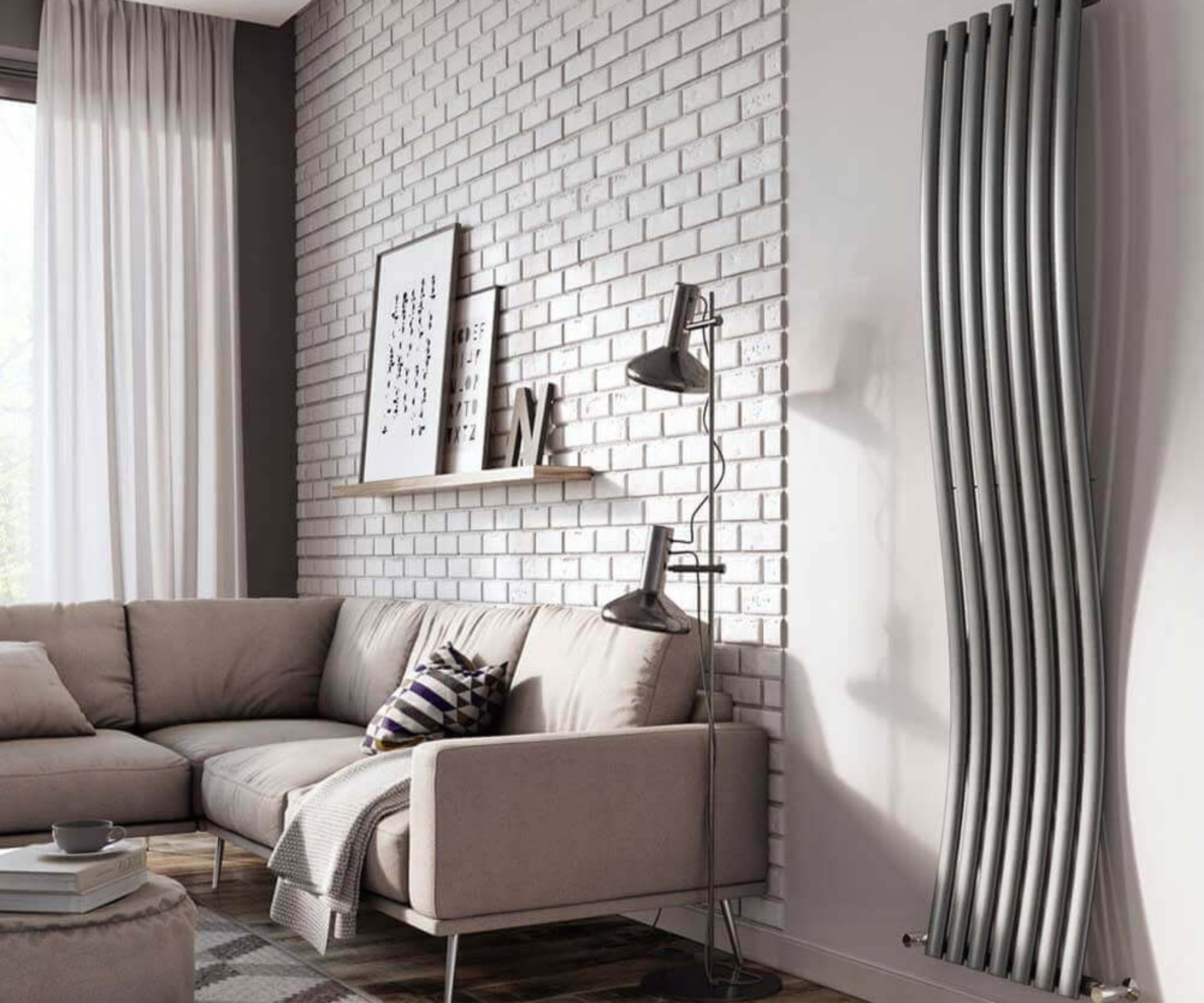 wavy vertical dark grey radiator on wall in living room