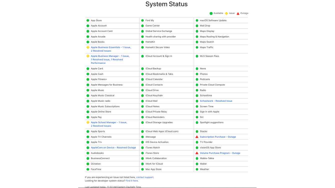 Apple System Status as of 1153AM ET