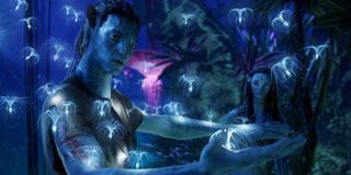 Avatar Jake and Neytiri in the forest at night