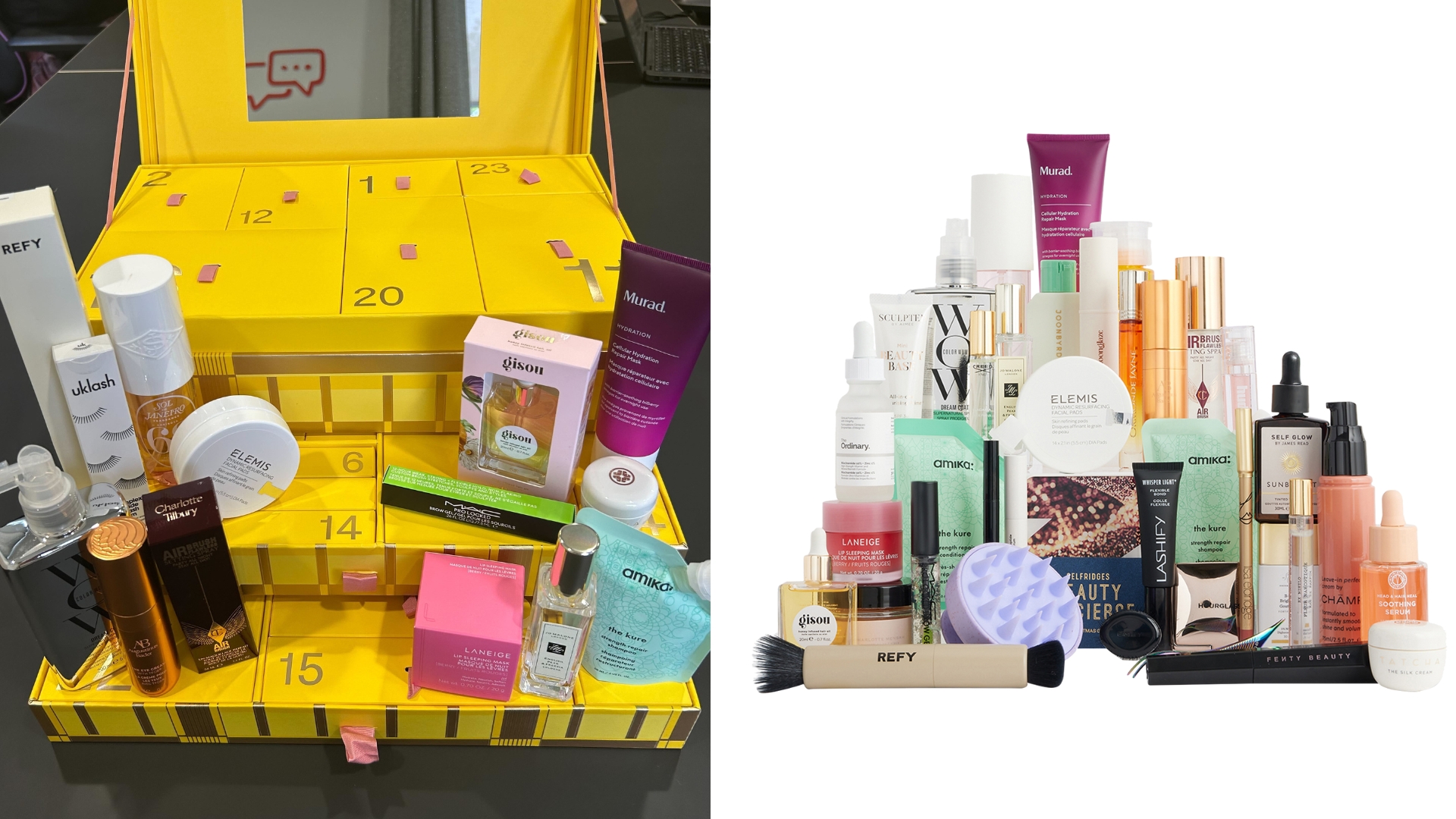 On the left, an image of woman&home's unboxing of the Selfridges Beauty Advent Calendar 2025, on the right, the entire contents of the calendar