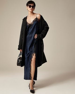 Lace-Trim Slip Dress in Textured Satin