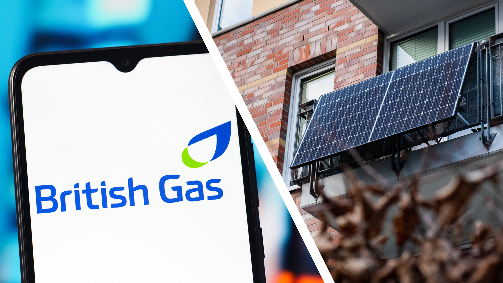 A British Gas logo on a phone next to plug-in solar panels on a balcony