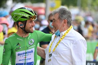 British Mark Cavendish of Deceuninck QuickStep wearing the green jersey of leader in the sprint ranking and Former Belgian cyclist Eddy Merckx pictured at the start of stage 19 of the 108th edition of the Tour de France cycling race from Mourenx to Libourne 207 km in France Friday 16 July 2021 This years Tour de France takes place from 26 June to 18 July 2021BELGA PHOTO DAVID STOCKMAN Photo by DAVID STOCKMANBELGA MAGAFP via Getty Images
