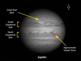 This graphic of Jupiter by UK astronomer Pete Lawrence shows the location of the Jupiter impact region from Sept. 12, 2012, as seen through an inverting astronomical telescope.