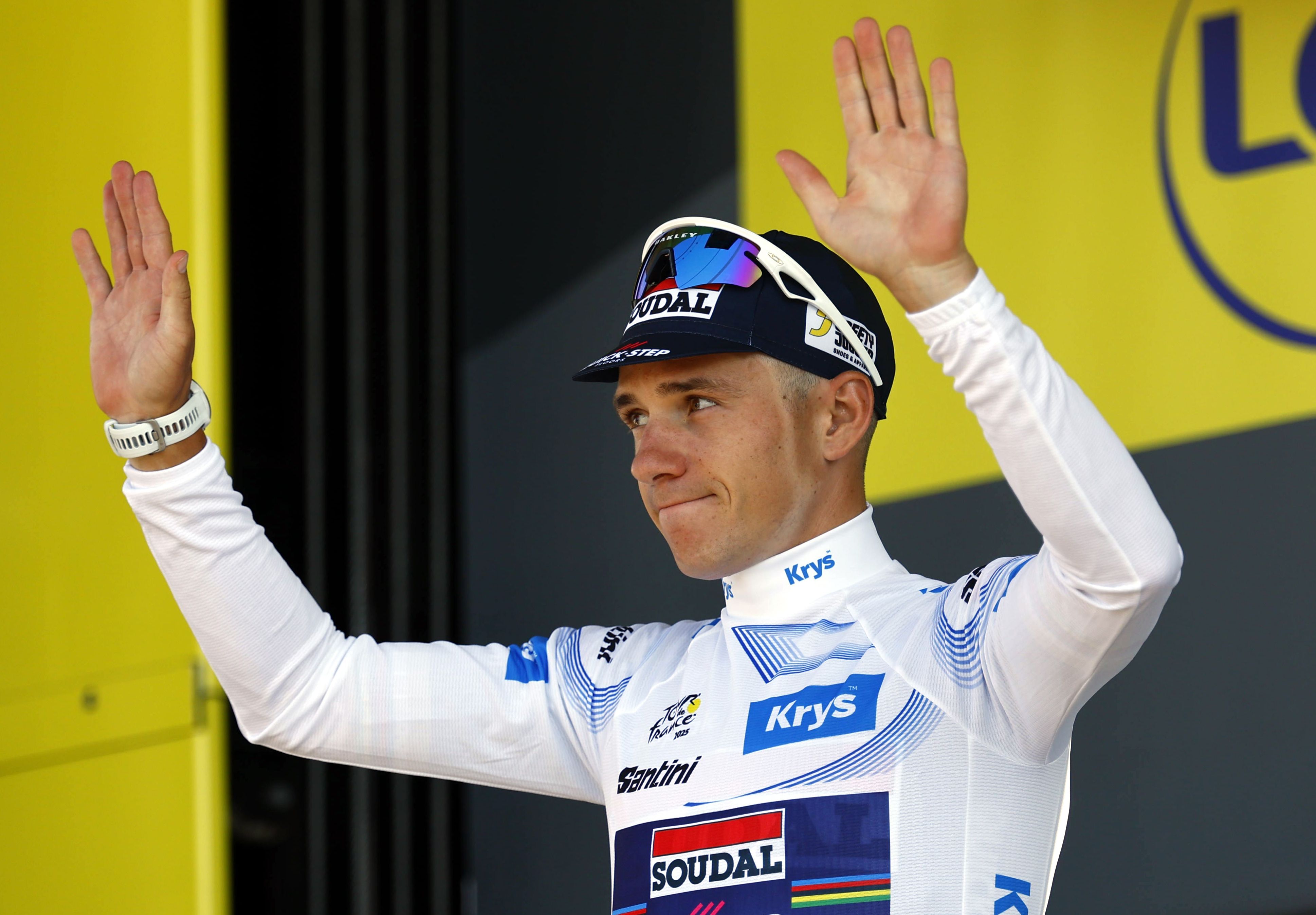 Tour de France 2025 - Stage 13, Peyragudes - 18 Jul 2025Belgian rider Remco Evenepoel of Soudal Quick-Step team celebrates on the podium in his white jersey for the best young rider after the 13th stage of the Tour de France cycling race, an Individual Time Trial (ITT) over 10.9km from Loudenvielle to Peyragudes, France, 18 July 2025.By: MARTIN DIVISEK/EPA/Shutterstock