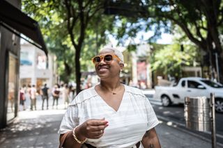 A woman exploring a city