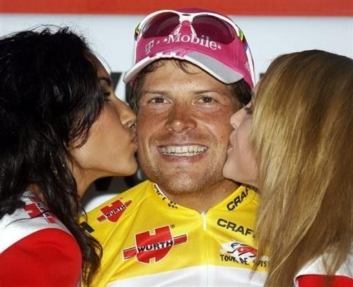 Tour de Suisse winner Jan Ullrich is kissed on the podium