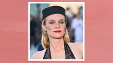 Diane Kruger is pictured wearing bright red lipstick whilst attending Vogue World: Paris 2024 at the Place Vendome on June 23, 2024 in Paris/ in pink-red template