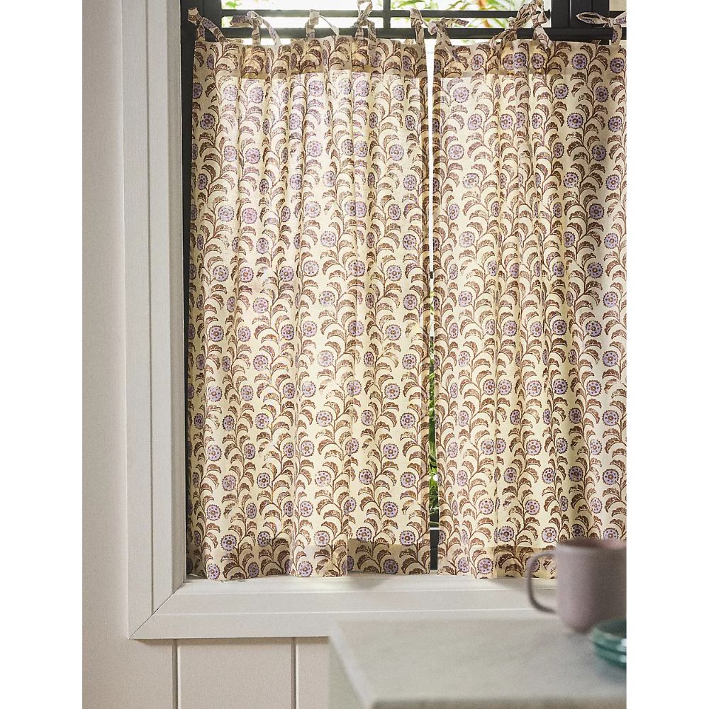 Leora Printed Cotton Tie-Top Floral Caf&amp;eacute; Curtains