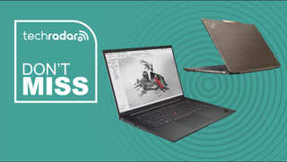 Two Lenovo ThinkPads on a cyan background next to a TechRadar badge reading 'Don't Miss'