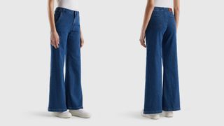 composite of model wearing blue wide leg stretch jeans from benetton