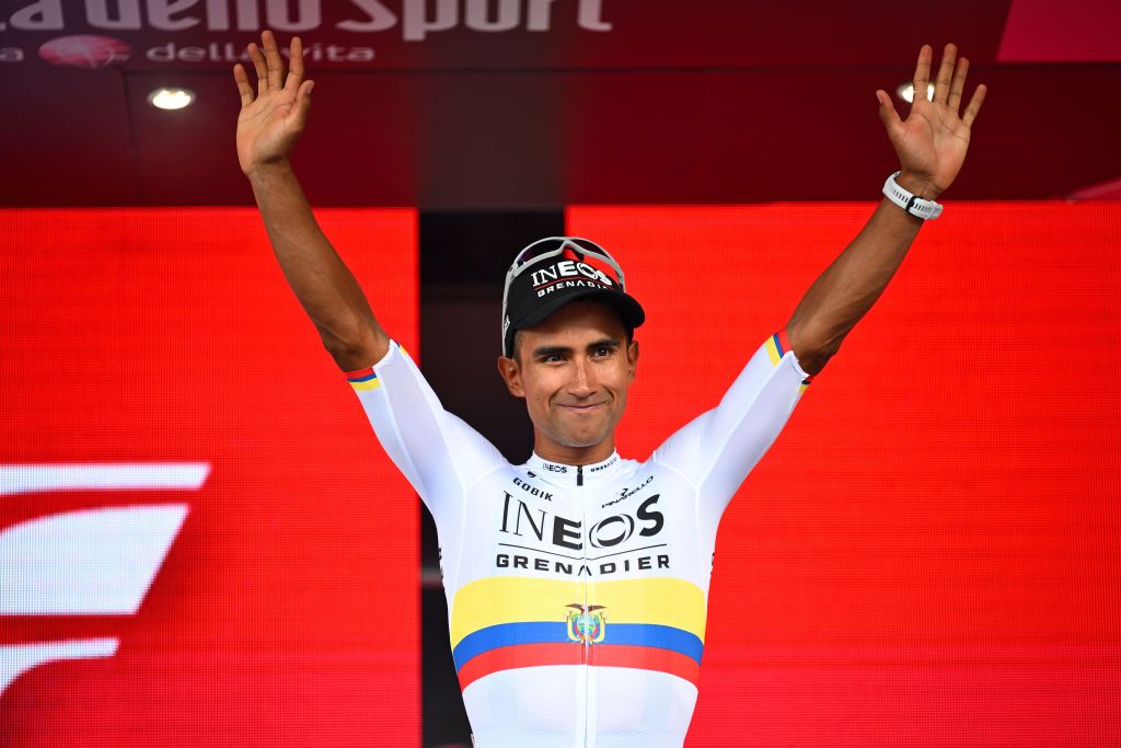 TORINO ITALY MAY 04 Jhonatan Narvaez of Ecuador and Team INEOS Grenadiers celebrates at podium as stage winner during the 107th Giro dItalia 2024 Stage 1 a 140km stage from Venaria Reale to Torino UCIWT on May 04 2024 in Torino Italy Photo by Tim de WaeleGetty Images
