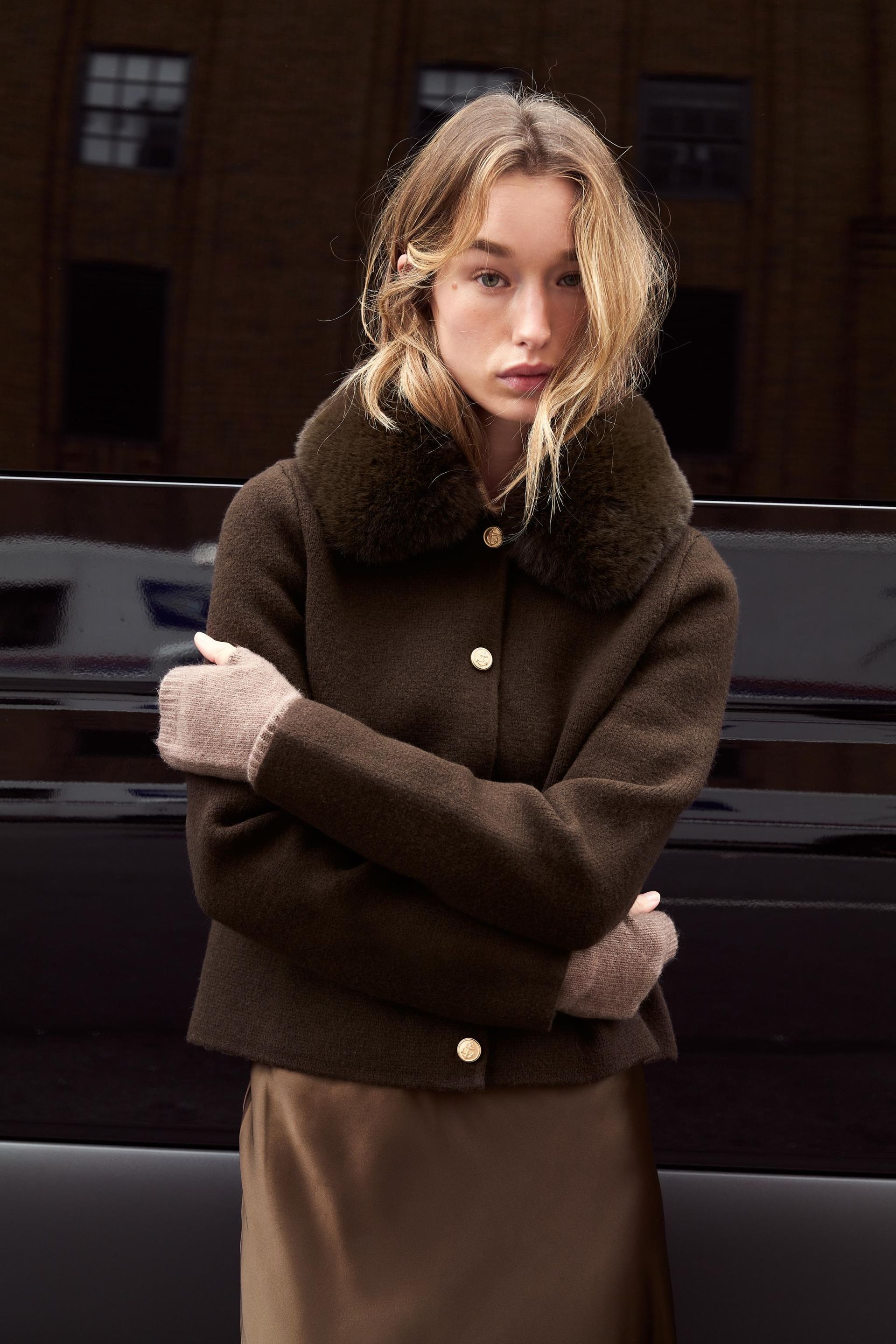 Cardigan With Faux Fur Collar