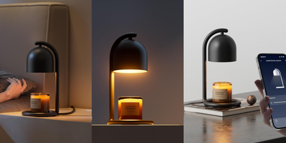 A trio of images side by side of a sleek black candle warmer on various surfaces