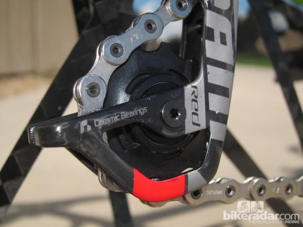 The rear derailleur pulleys rotate on hybrid ceramic bearings. We're disappointed that SRAM hasn't integrated the excellent Gutter seal technology from its newer bottom brackets, though.