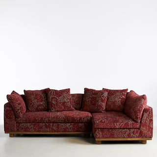 red jacquard sofa with blue weave