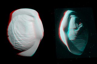 This stereo image from Cassini offers 3D views of Saturn's weird moon Pan, during a final closeup by the NASA spacecraft on March 7, 2017. If you have red-blue anaglyph glasses, the images will appear 3D.