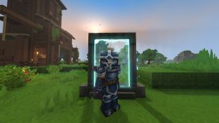 Hytale teleporter: A third-person image of a character standing in front of a portal outside their wooden house.