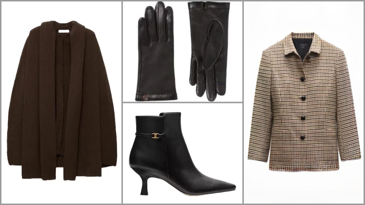 product collage of Coach Rebecca Booties, Leather Gloves Cp - Claudie Pierlot, Rag &amp; Bone Drew Houndstooth Blazer, Mango Cape Scarf Buttons on white background with grey border 