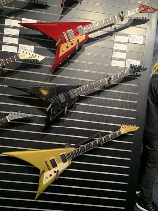 ESP's new Kirk Hammett signature LTD KH-V models, displayed at the 2023 NAMM show